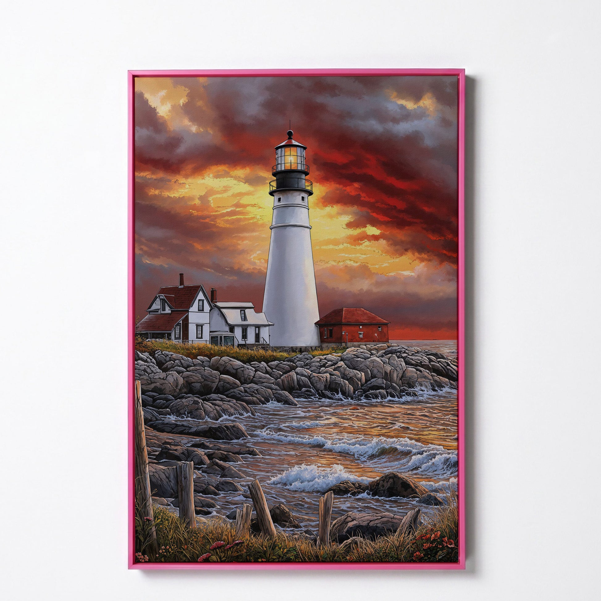 White Lighthouse on Rocky Shore at Sunset. Canvas Wall Art in pink floating frame