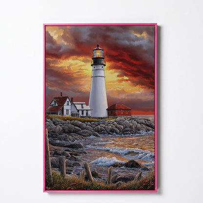 White Lighthouse on Rocky Shore at Sunset. Canvas Wall Art in pink floating frame