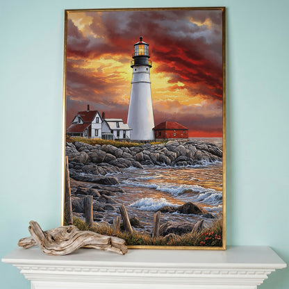 White Lighthouse on Rocky Shore at Sunset. Canvas Wall Art in rose gold floating frame