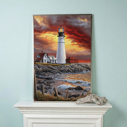 White Lighthouse on Rocky Shore at Sunset. Canvas Wall Art in silver floating frame