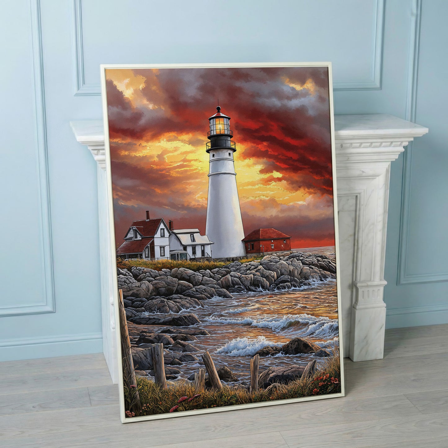 White Lighthouse on Rocky Shore at Sunset. Canvas Wall Art in white floating frame