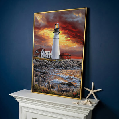 White Lighthouse on Rocky Shore at Sunset. Canvas Wall Art in yellow gold floating frame