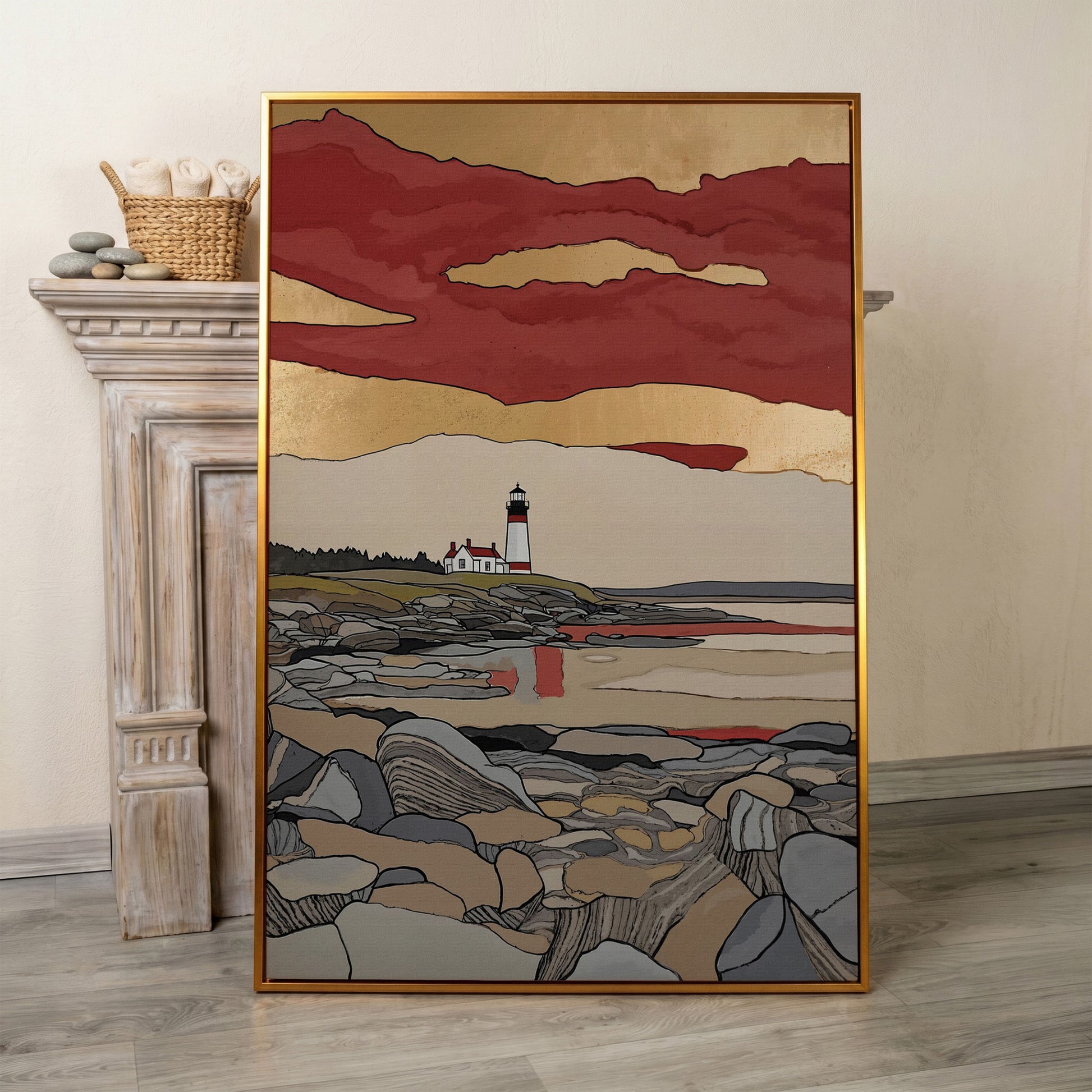 Lighthouse on Rocky Shore. Coastal Canvas Wall Art in antique gold floating frame