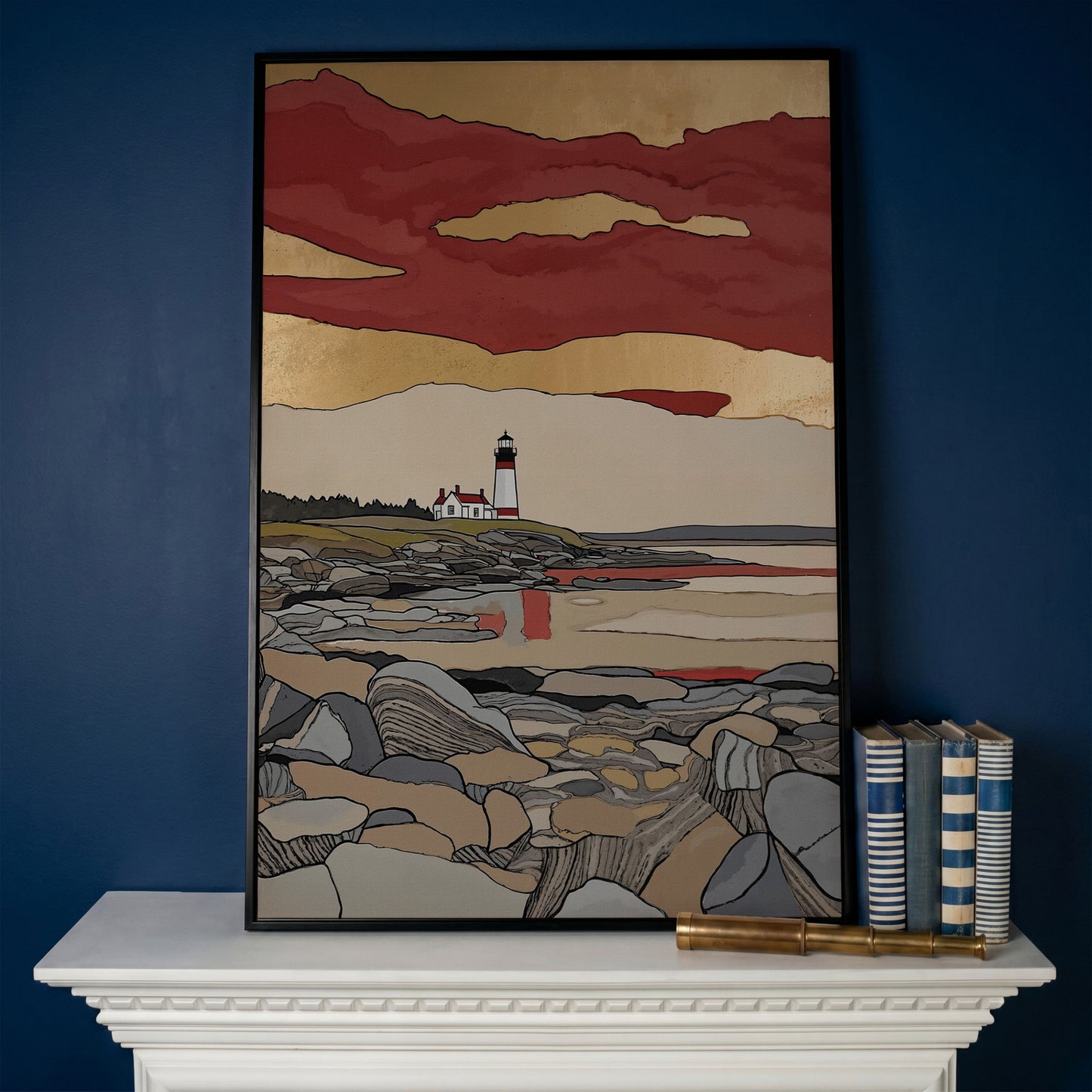 Lighthouse on Rocky Shore. Coastal Canvas Wall Art in black floating frame