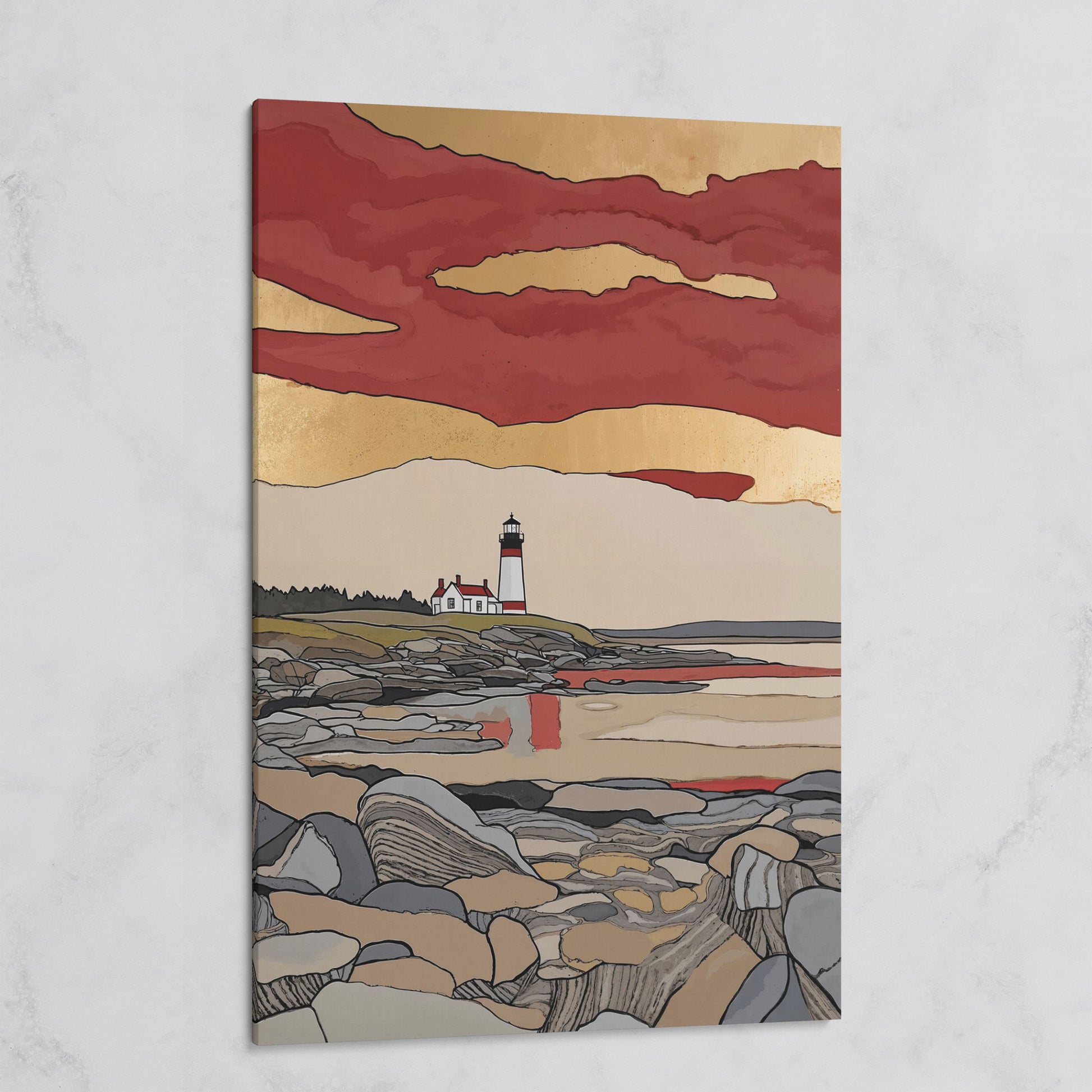 Lighthouse on Rocky Shore. Coastal Canvas Wall Art on gallery wrap