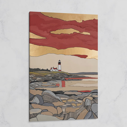 Lighthouse on Rocky Shore. Coastal Canvas Wall Art on gallery wrap