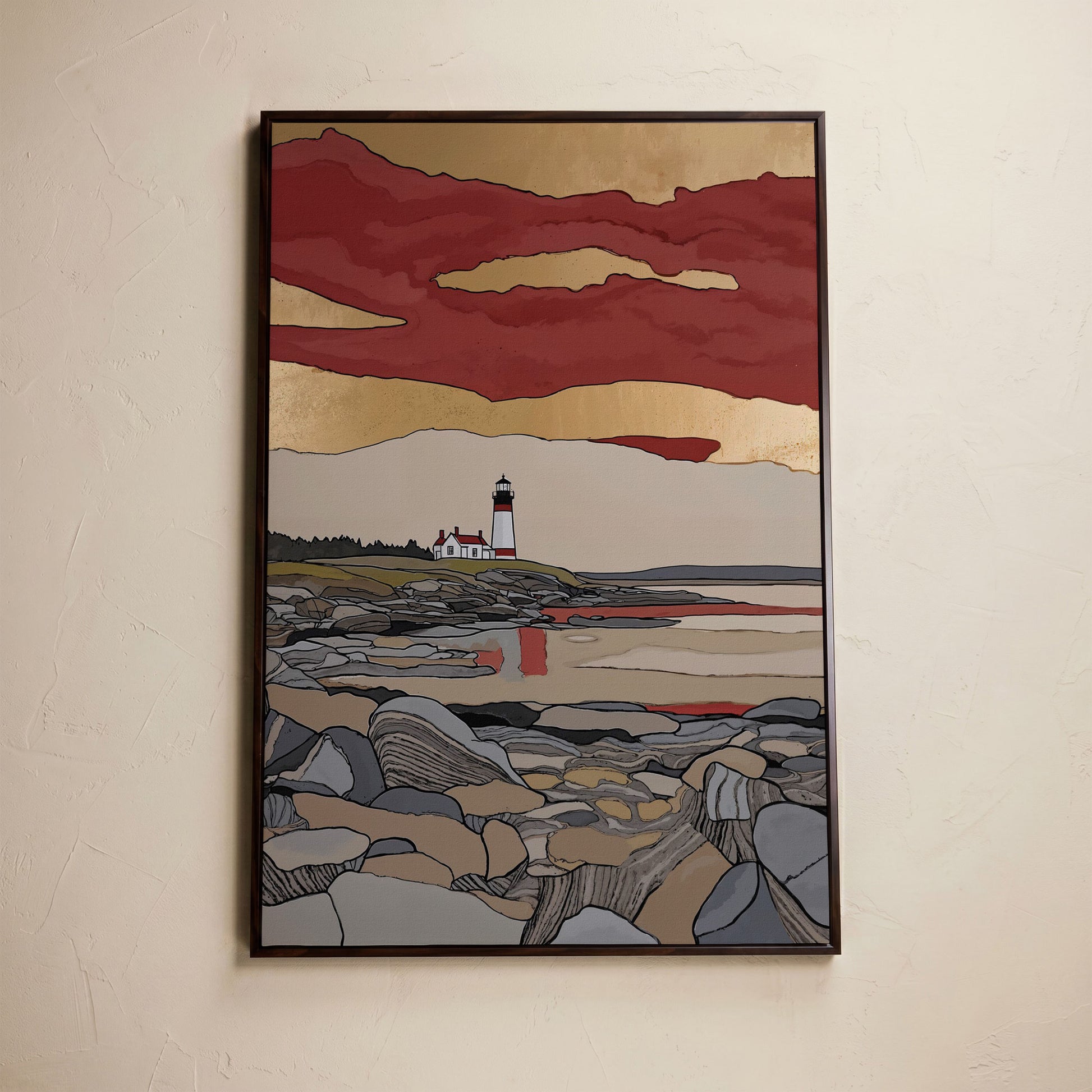 Lighthouse on Rocky Shore. Coastal Canvas Wall Art in dark walnut floating frame
