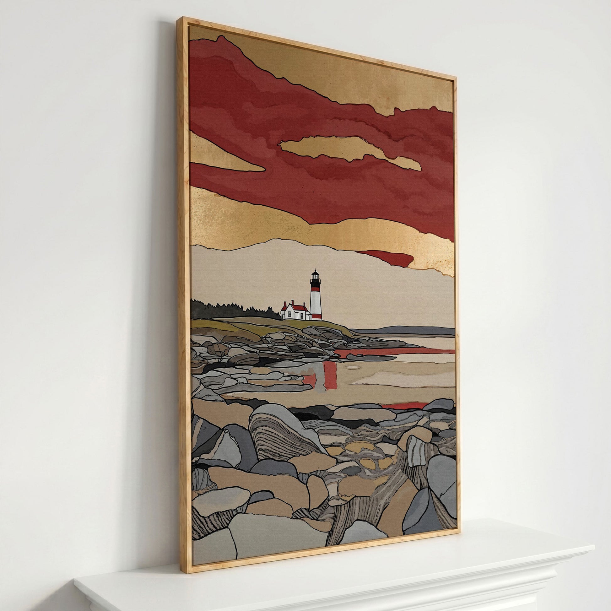 Lighthouse on Rocky Shore. Coastal Canvas Wall Art in white oak floating frame