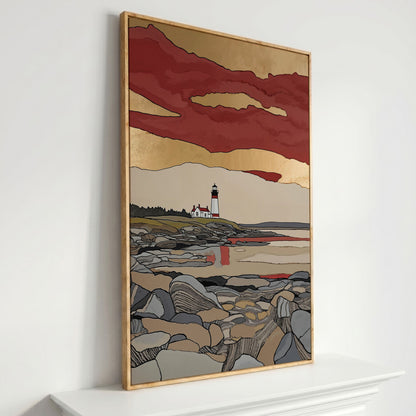 Lighthouse on Rocky Shore. Coastal Canvas Wall Art in white oak floating frame