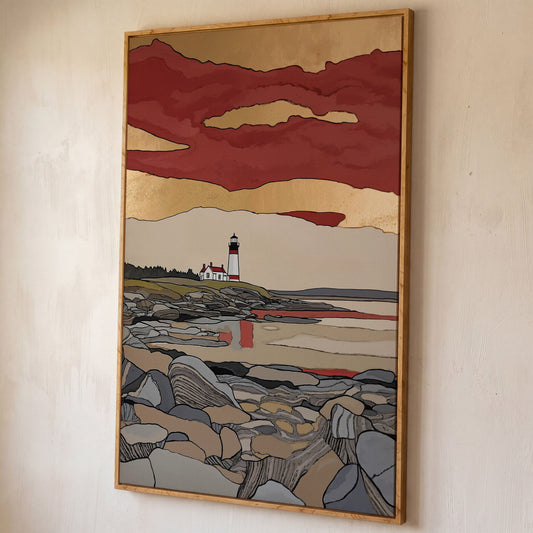 Lighthouse on Rocky Shore. Coastal Canvas Wall Art shown in white oak floating frame