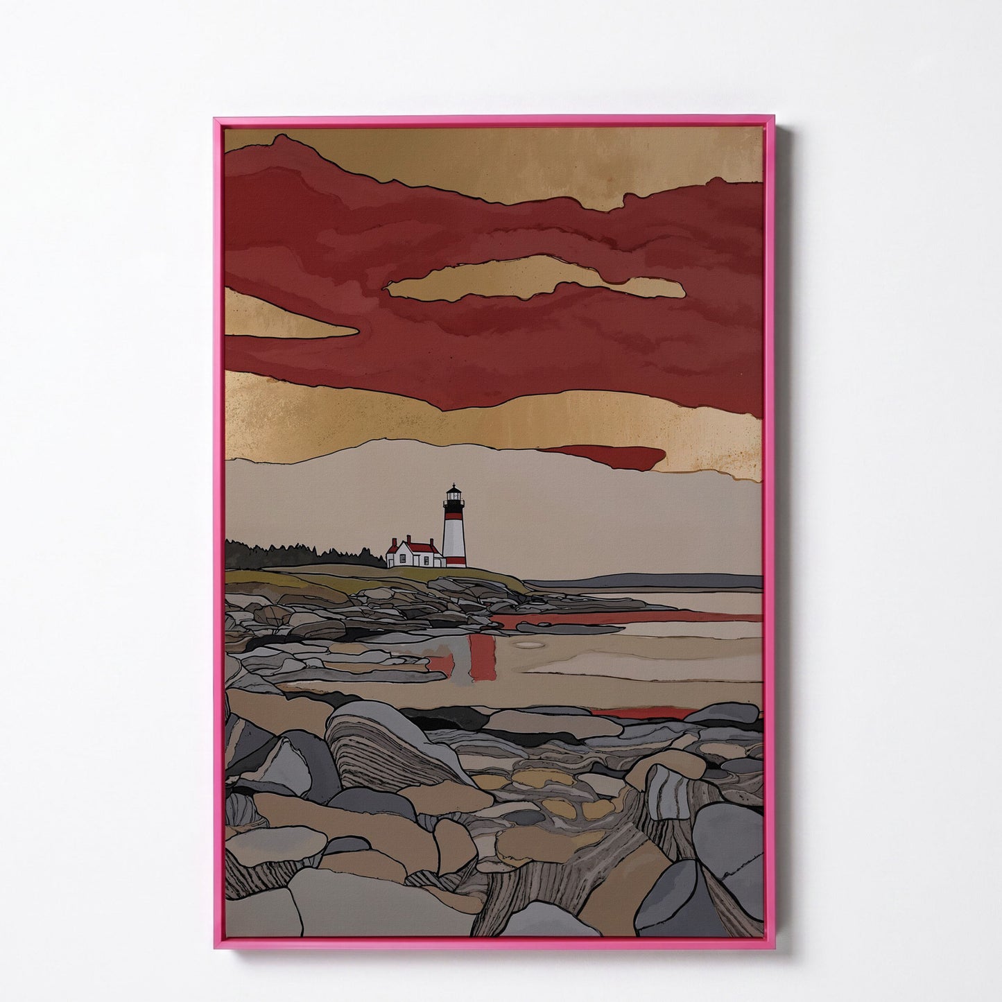 Lighthouse on Rocky Shore. Coastal Canvas Wall Art in pink floating frame