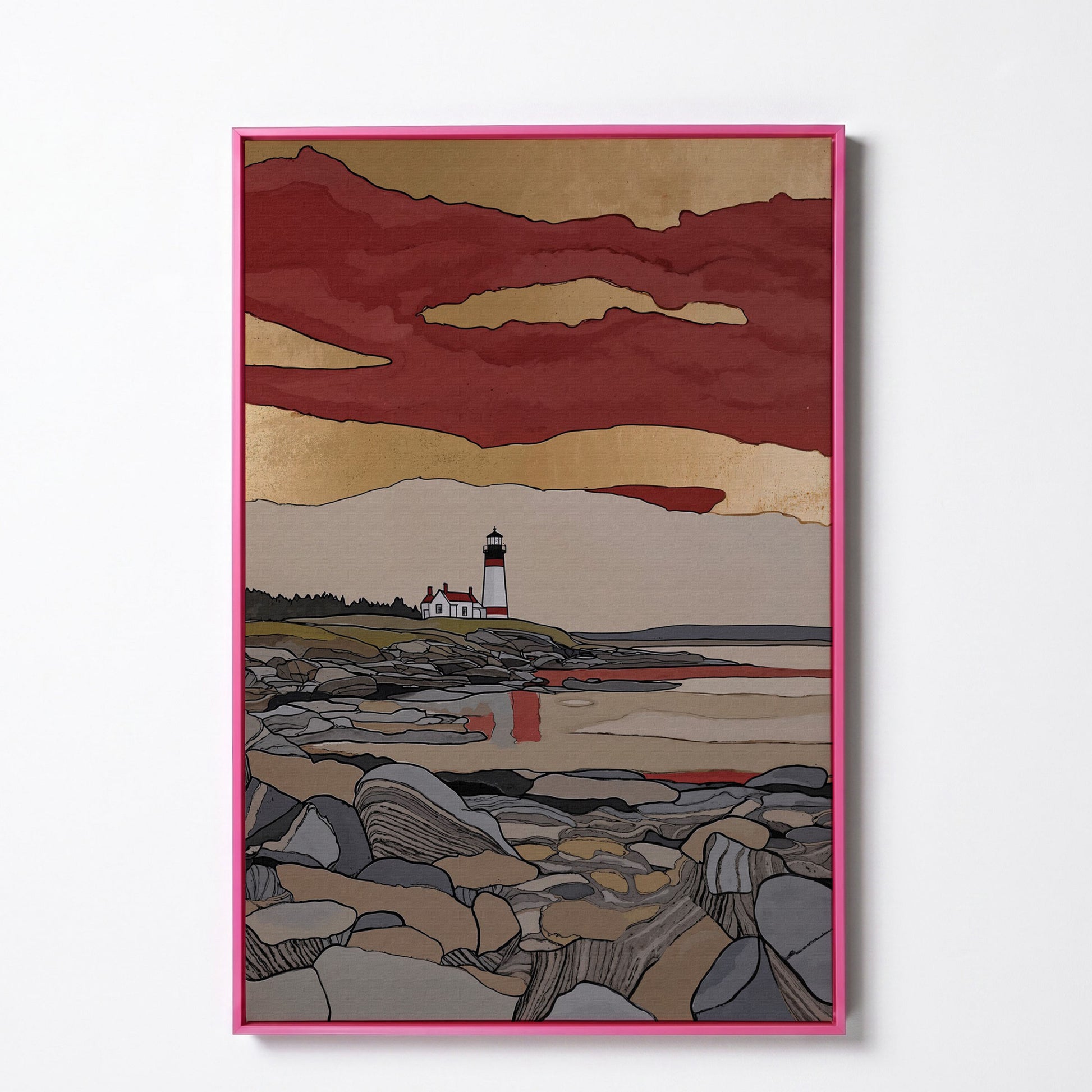 Lighthouse on Rocky Shore. Coastal Canvas Wall Art in pink floating frame