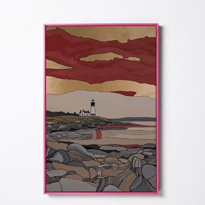 Lighthouse on Rocky Shore. Coastal Canvas Wall Art in pink floating frame