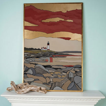 Lighthouse on Rocky Shore. Coastal Canvas Wall Art in rose gold floating frame