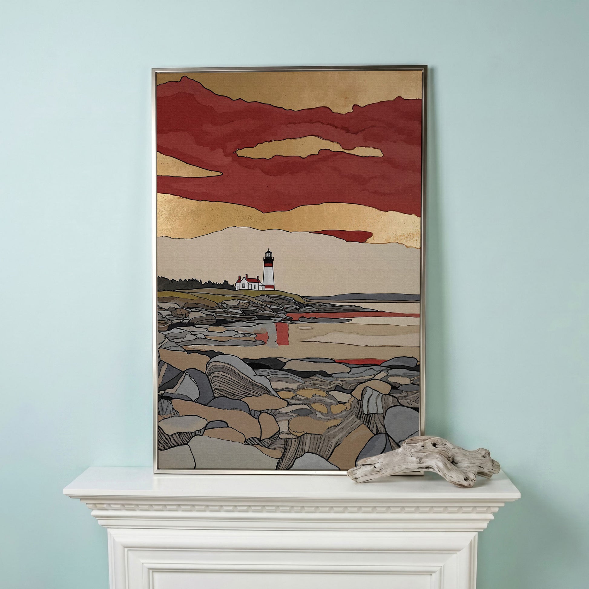 Lighthouse on Rocky Shore. Coastal Canvas Wall Art in silver floating frame