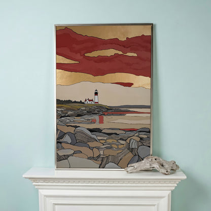 Lighthouse on Rocky Shore. Coastal Canvas Wall Art in silver floating frame