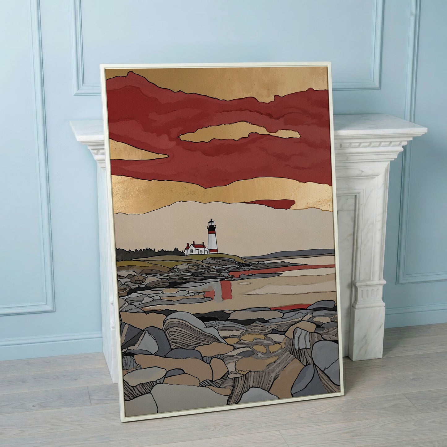 Lighthouse on Rocky Shore. Coastal Canvas Wall Art in white floating frame
