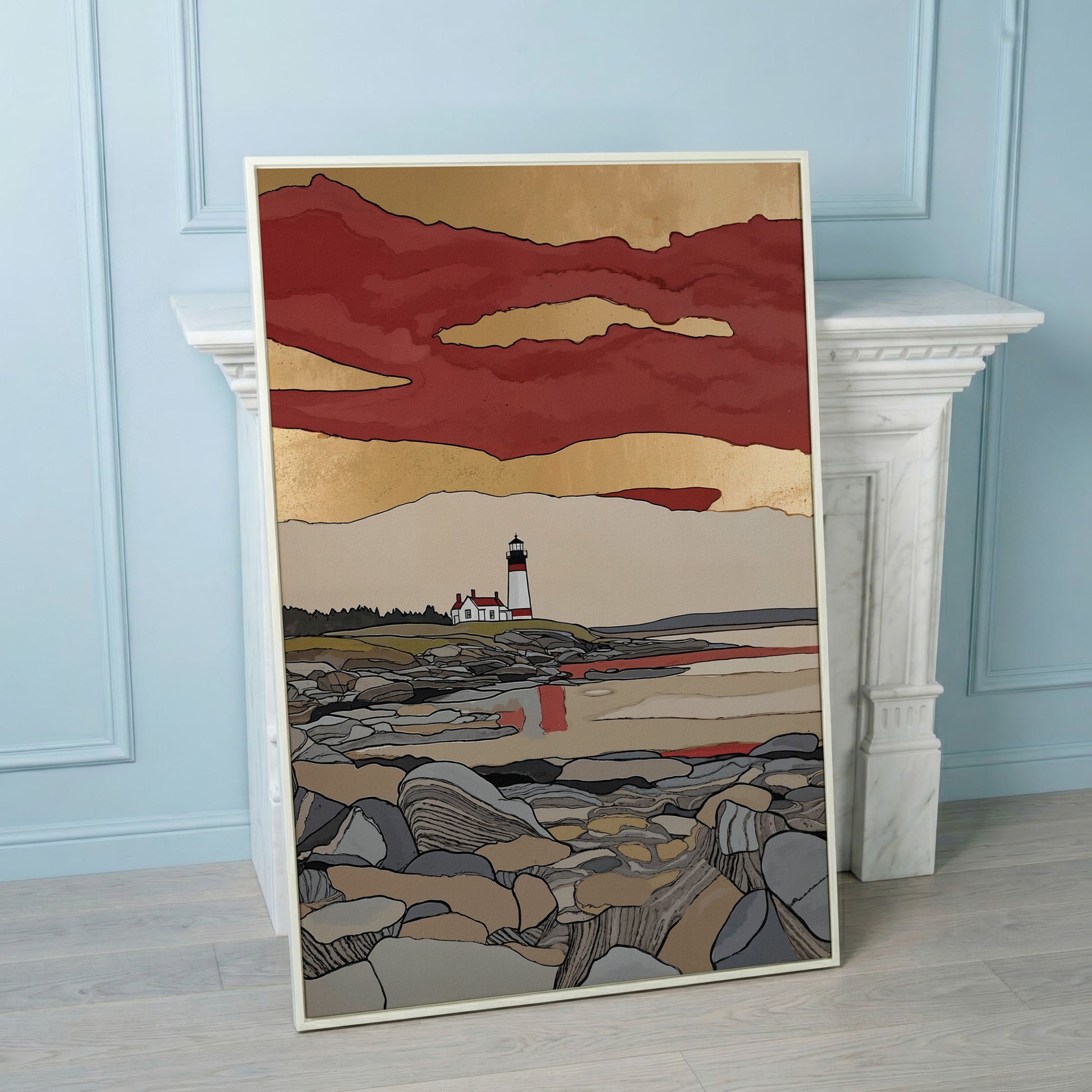 Lighthouse on Rocky Shore. Coastal Canvas Wall Art in white floating frame