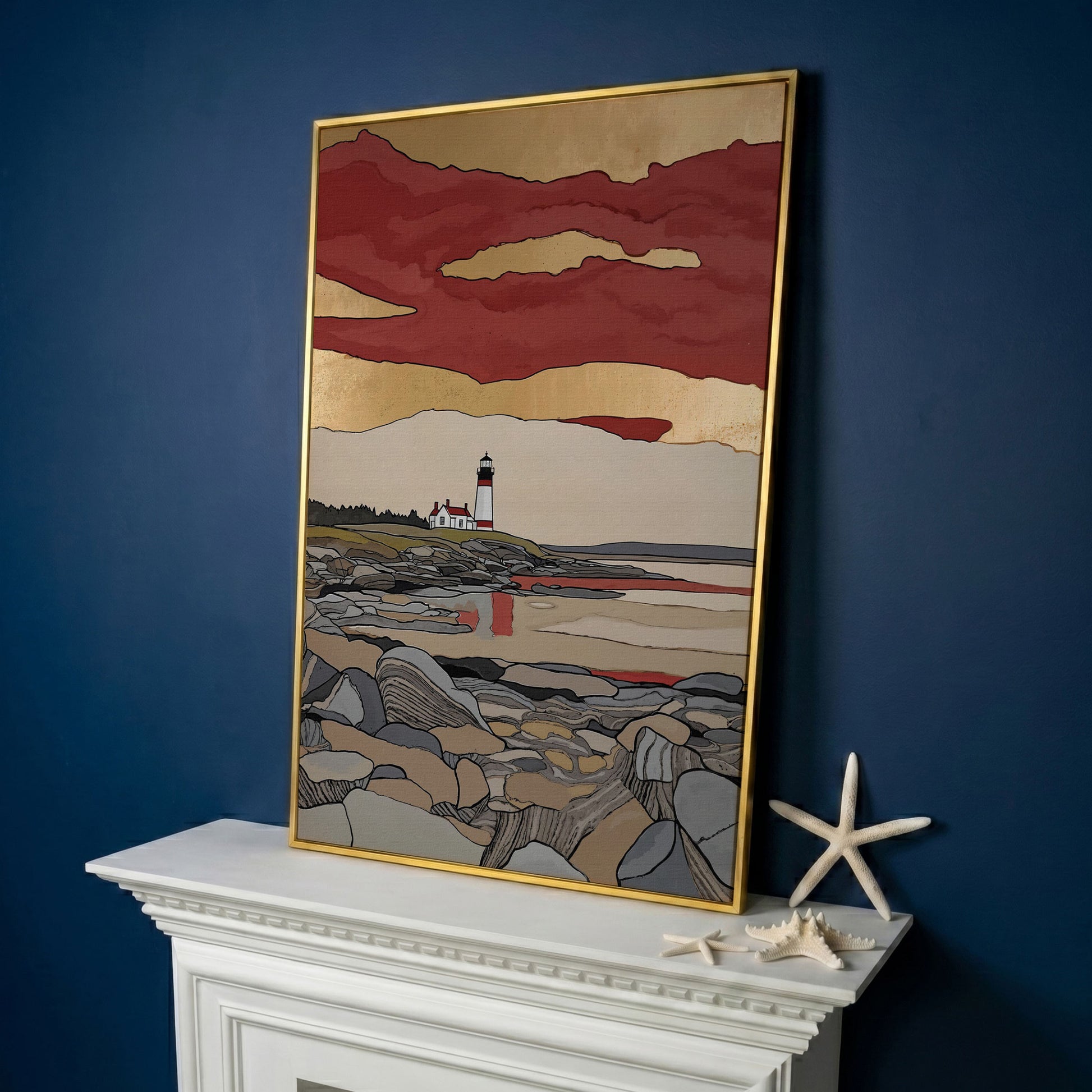 Lighthouse on Rocky Shore. Coastal Canvas Wall Art in yellow gold floating frame