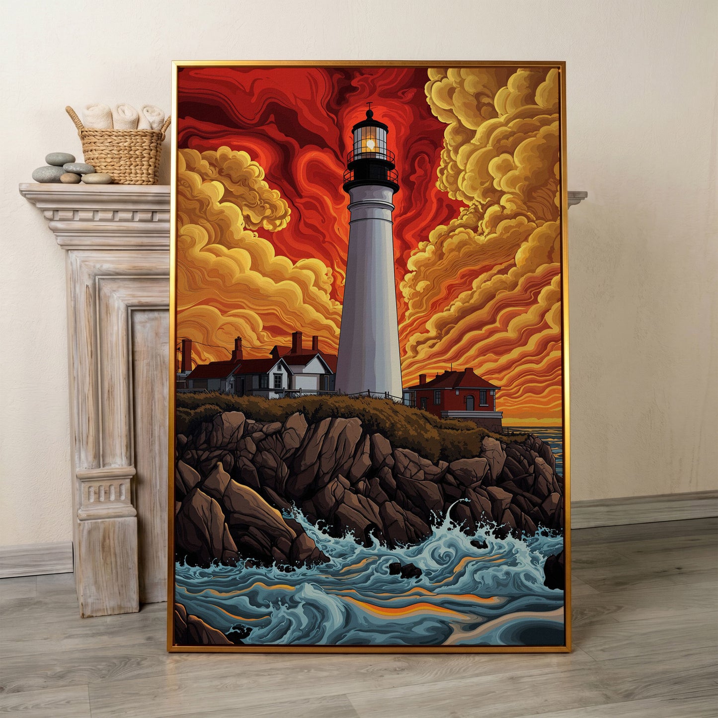 Lighthouse at Sunset on a Rocky Coast Canvas Wall Art in antique gold floating frame