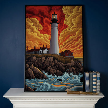 Lighthouse at Sunset on a Rocky Coast Canvas Wall Art in black floating frame