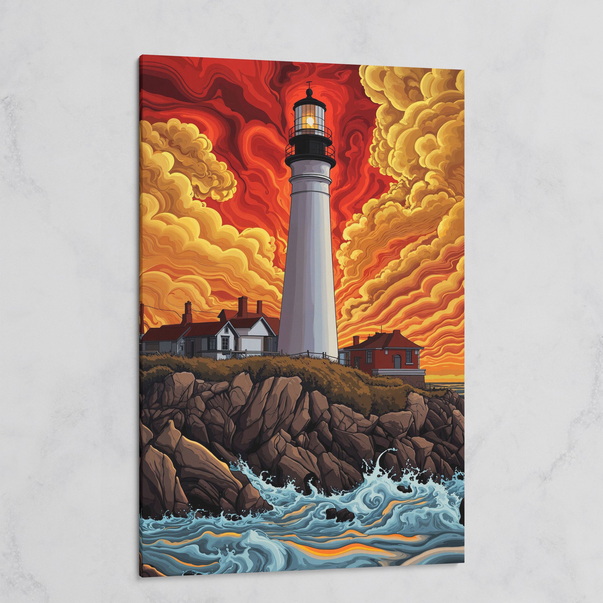 Lighthouse at Sunset on a Rocky Coast Canvas Wall Art on gallery wrap