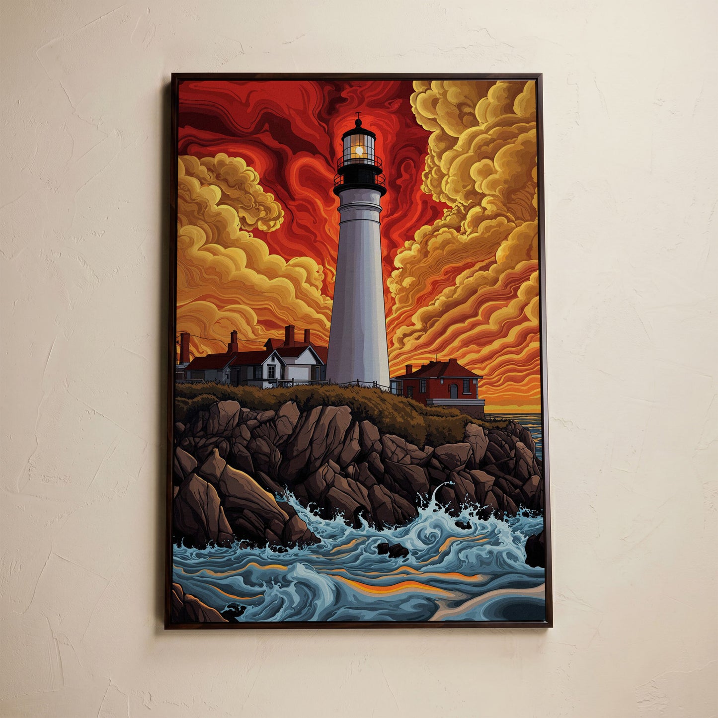 Lighthouse at Sunset on a Rocky Coast Canvas Wall Art in dark walnut floating frame