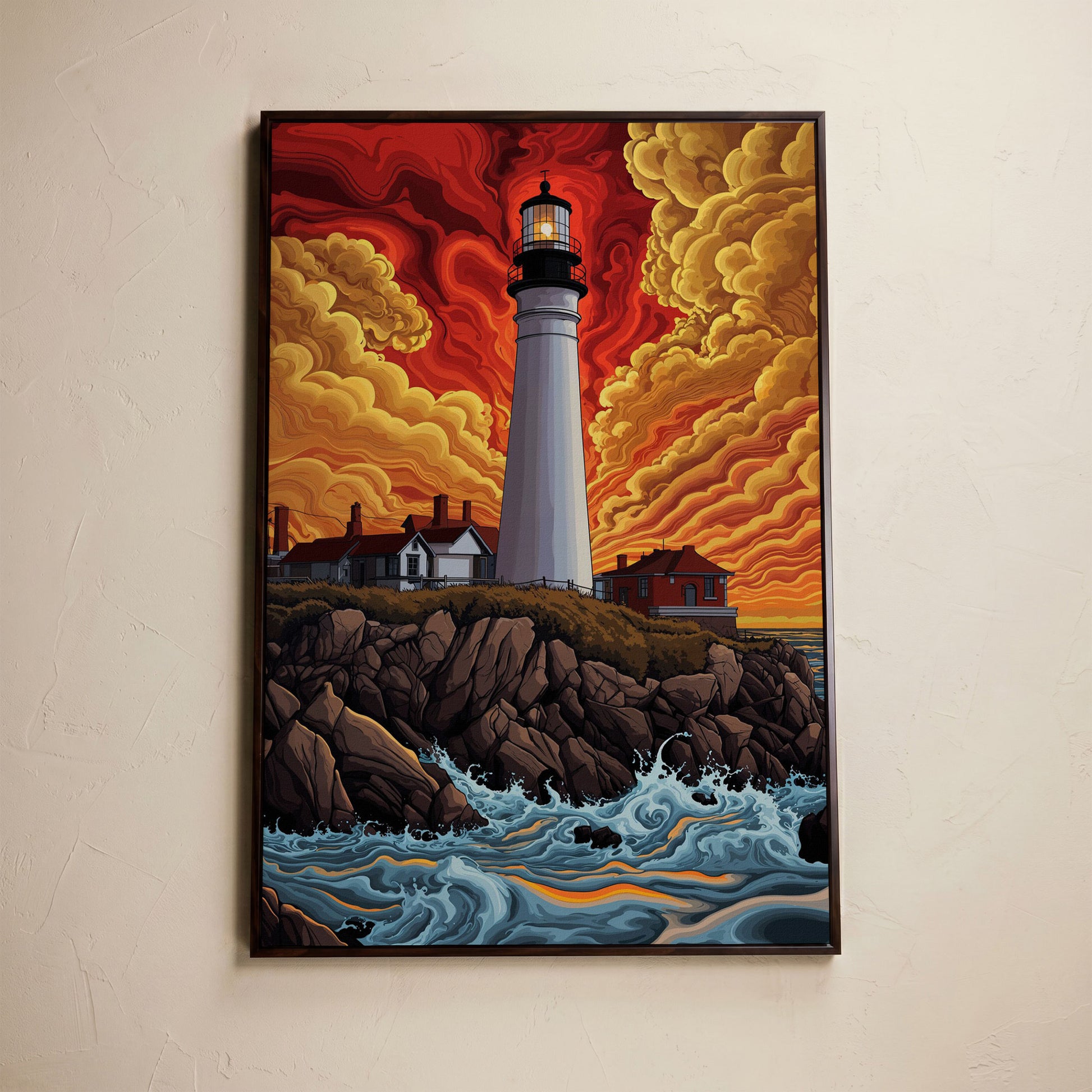 Lighthouse at Sunset on a Rocky Coast Canvas Wall Art in dark walnut floating frame