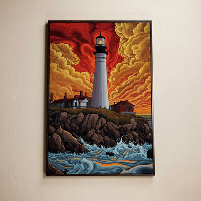 Lighthouse at Sunset on a Rocky Coast Canvas Wall Art in dark walnut floating frame