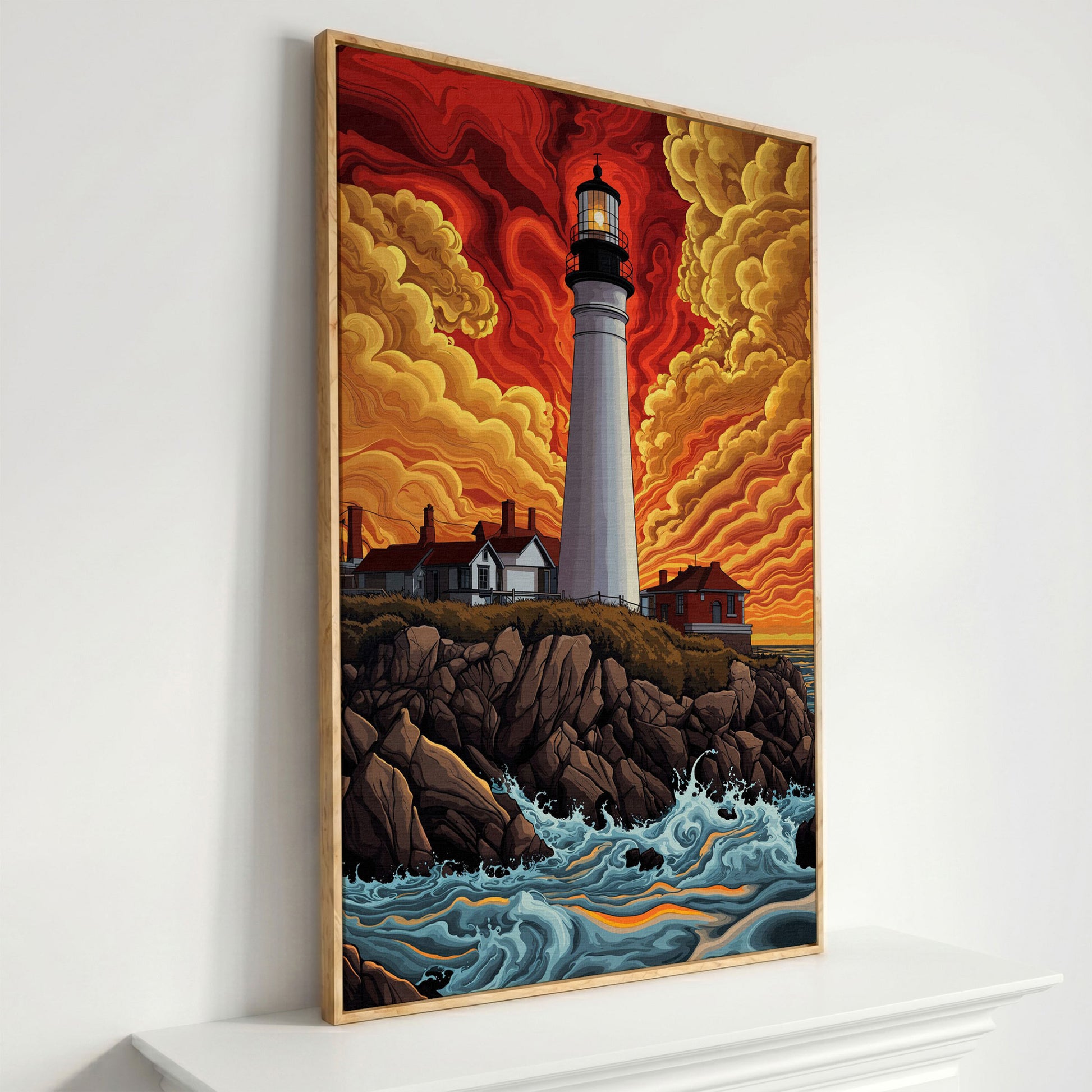 Lighthouse at Sunset on a Rocky Coast Canvas Wall Art in white oak floating frame