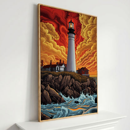 Lighthouse at Sunset on a Rocky Coast Canvas Wall Art in white oak floating frame