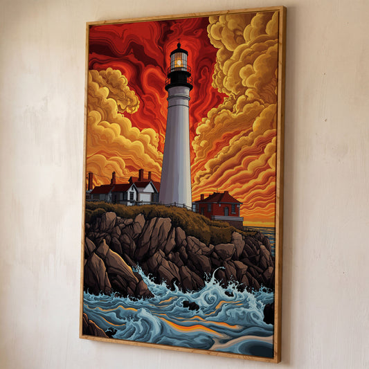 Lighthouse at Sunset on a Rocky Coast Canvas Wall Art shown in white oak floating frame