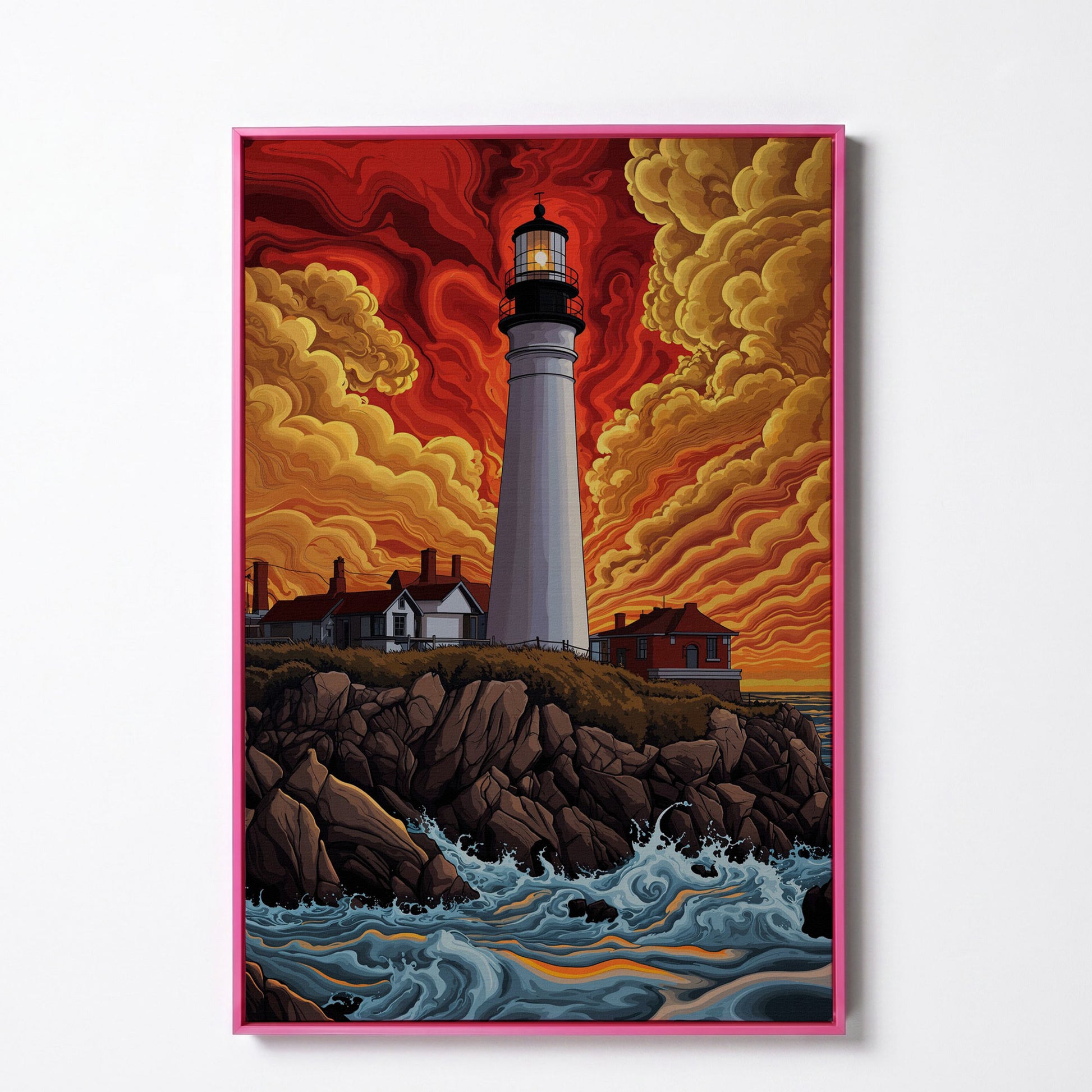 Lighthouse at Sunset on a Rocky Coast Canvas Wall Art in pink floating frame