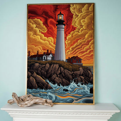 Lighthouse at Sunset on a Rocky Coast Canvas Wall Art in rose gold floating frame