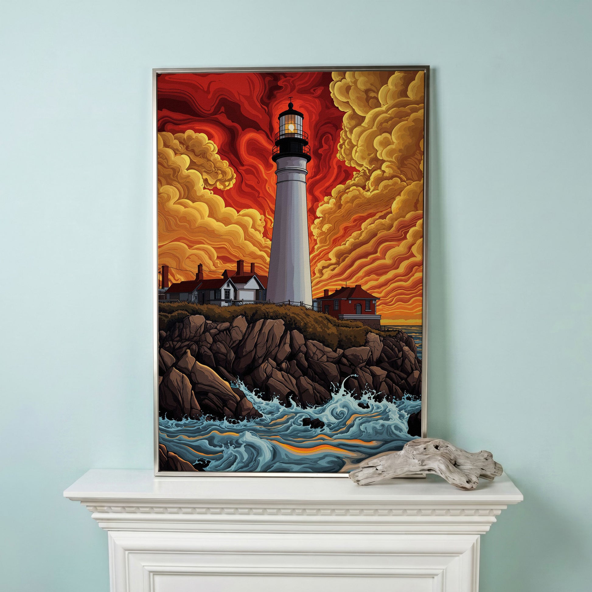 Lighthouse at Sunset on a Rocky Coast Canvas Wall Art in silver floating frame