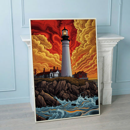 Lighthouse at Sunset on a Rocky Coast Canvas Wall Art in white floating frame