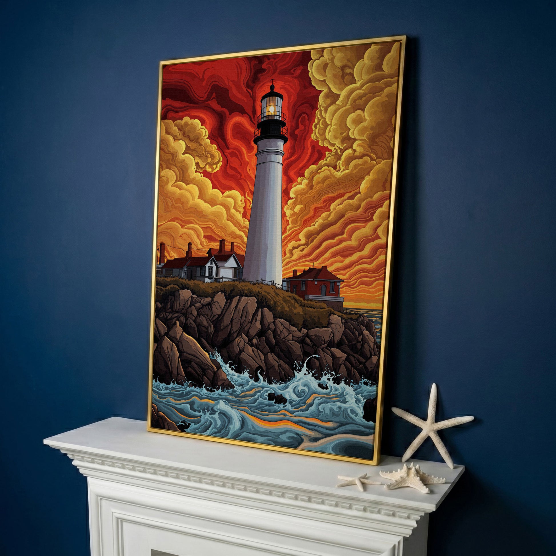 Lighthouse at Sunset on a Rocky Coast Canvas Wall Art in yellow gold floating frame