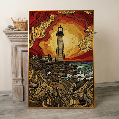 Lighthouse at Sunset Canvas Print, Rocky Shore Ocean Wall Art in antique gold floating frame