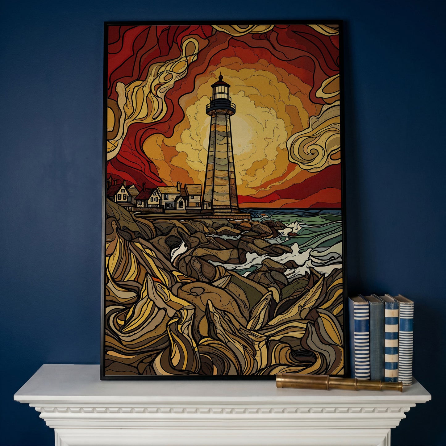 Lighthouse at Sunset Canvas Print, Rocky Shore Ocean Wall Art in black floating frame