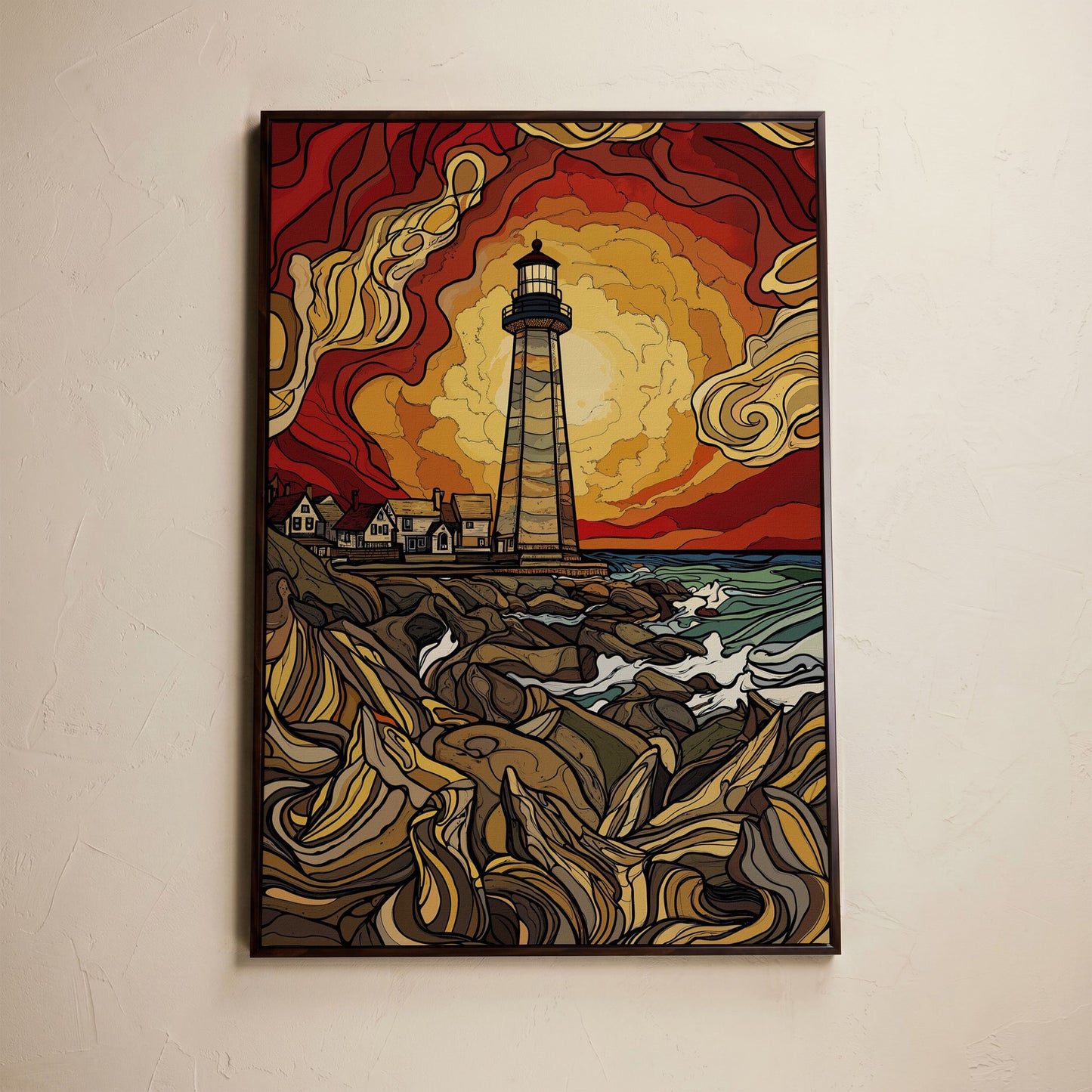 Lighthouse at Sunset Canvas Print, Rocky Shore Ocean Wall Art in dark walnut floating frame