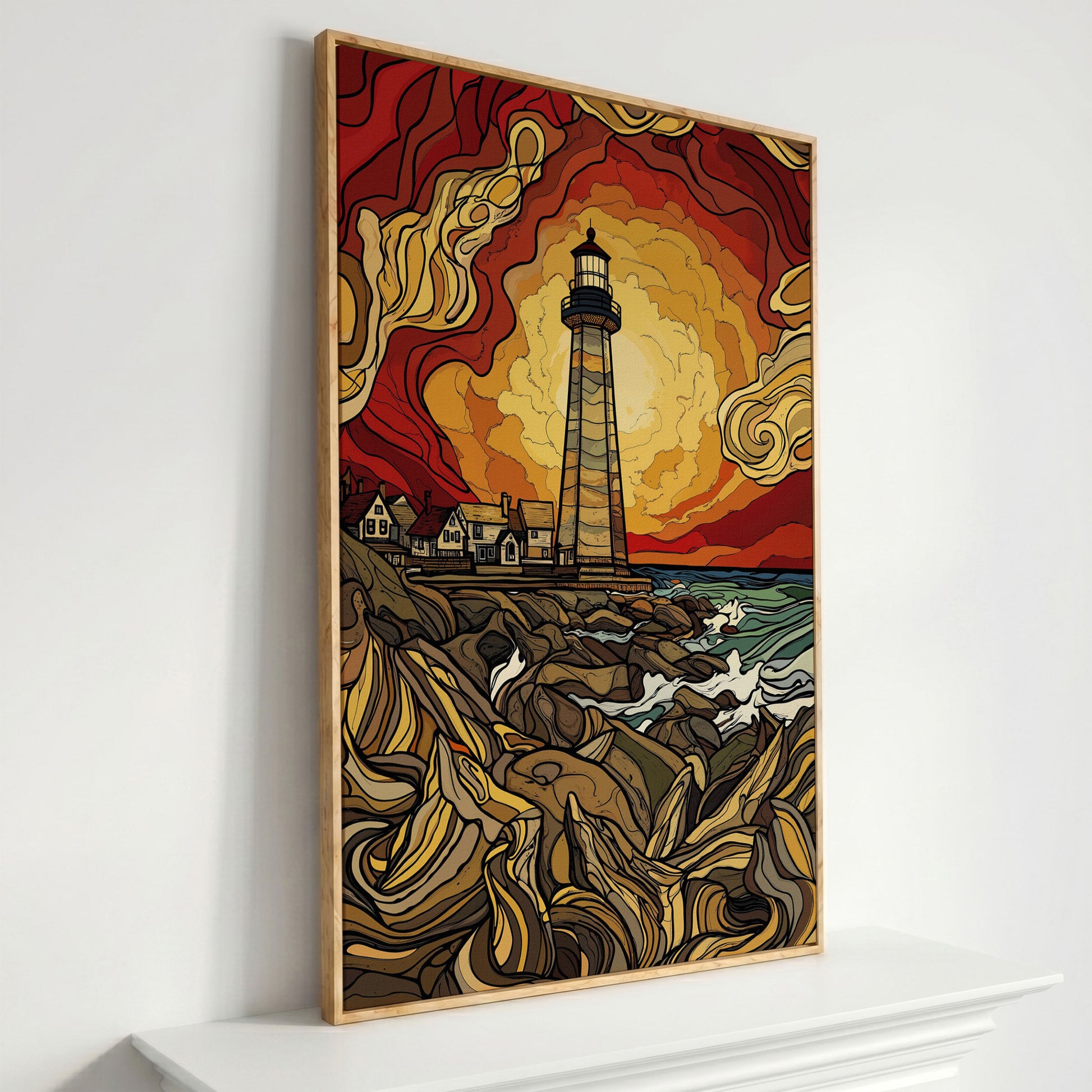 Lighthouse at Sunset Canvas Print, Rocky Shore Ocean Wall Art in white oak floating frame