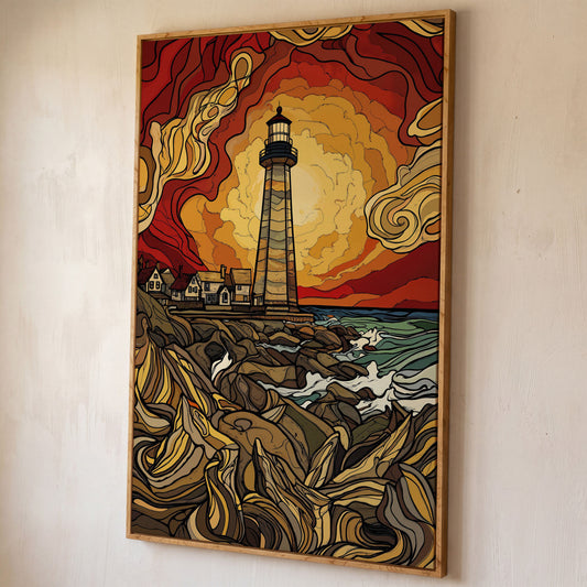Lighthouse at Sunset Canvas Print, Rocky Shore Ocean Wall Art shown in white oak floating frame
