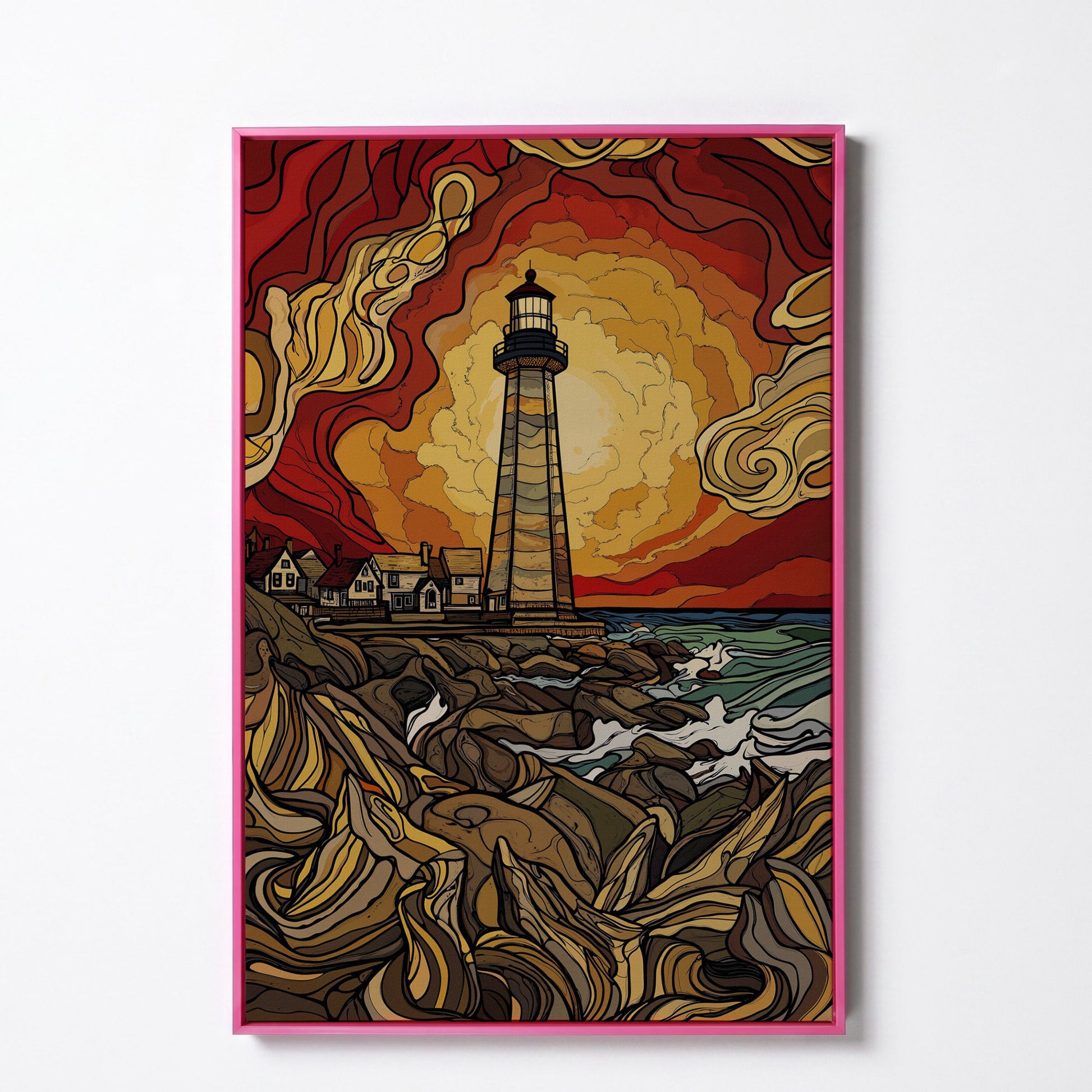 Lighthouse at Sunset Canvas Print, Rocky Shore Ocean Wall Art in pink floating frame