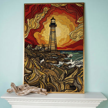 Lighthouse at Sunset Canvas Print, Rocky Shore Ocean Wall Art in rose gold floating frame