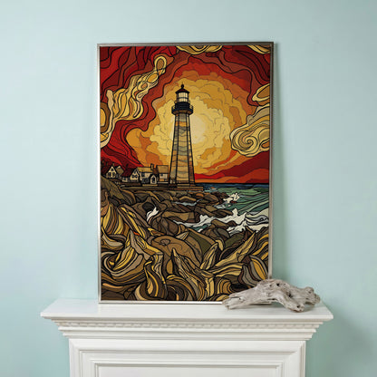 Lighthouse at Sunset Canvas Print, Rocky Shore Ocean Wall Art in silver floating frame