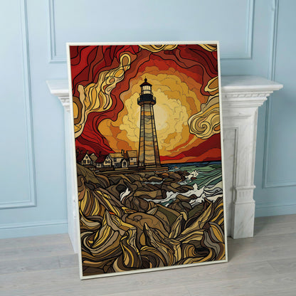 Lighthouse at Sunset Canvas Print, Rocky Shore Ocean Wall Art in white floating frame