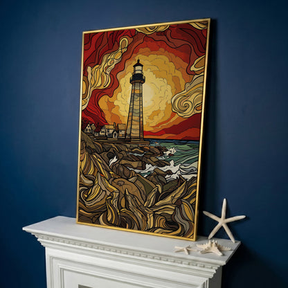 Lighthouse at Sunset Canvas Print, Rocky Shore Ocean Wall Art in yellow gold floating frame