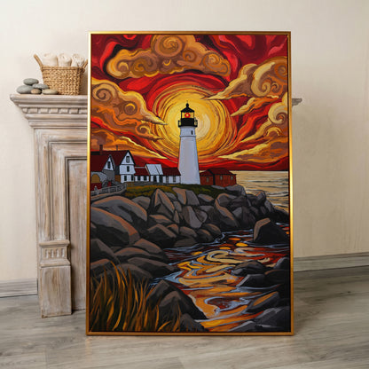Lighthouse at Sunset Canvas Print, Stylized Coastal Wall Art in antique gold floating frame