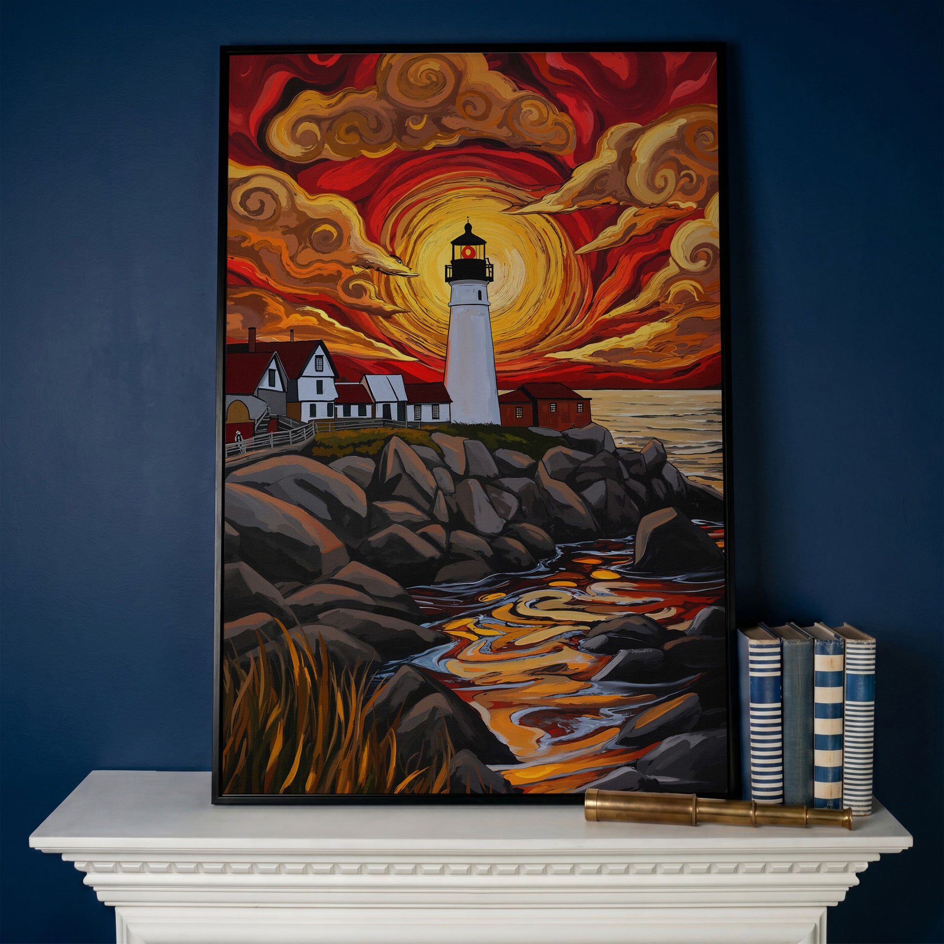 Lighthouse at Sunset Canvas Print, Stylized Coastal Wall Art in black floating frame
