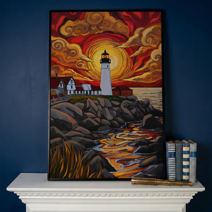 Lighthouse at Sunset Canvas Print, Stylized Coastal Wall Art in black floating frame